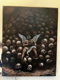 Love holds rifle on pile of skulls